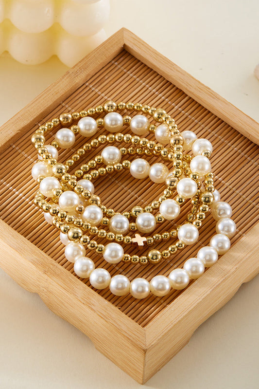 Gold Cross Pearls Decor Multi Layer Bracelets-0